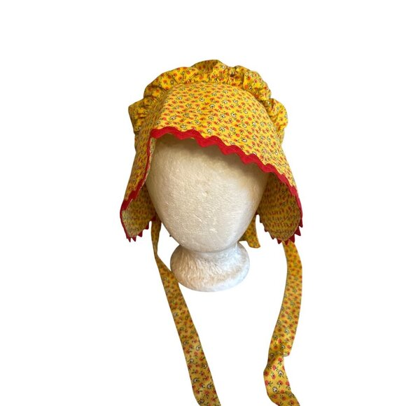 Vintage-Style Yellow Floral Baby Bonnet With Red Ric Rac Trim & Ties - Picture 2 of 4